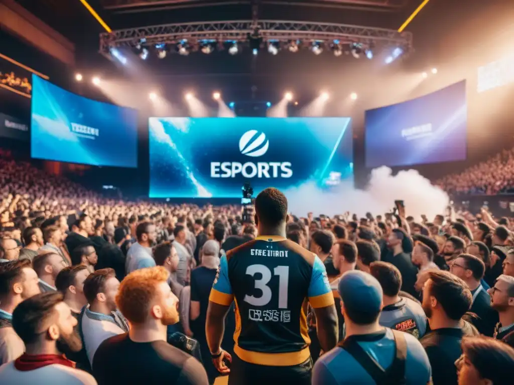 Multitudinario campeonato de eSports con jugadores intensos, pantallas gigantes y público eufórico