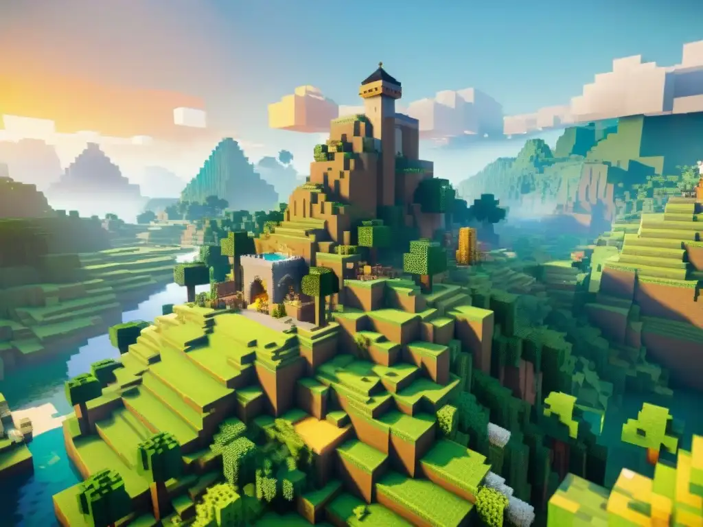 Un mundo Minecraft al atardecer: estructuras pixeladas, bosques exuberantes, ríos y montañas