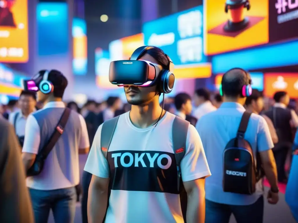 Un mundo futurista de tecnología en la Tokyo Game Show, reflejando la importancia de las convenciones de juegos tecnológicos en Asia