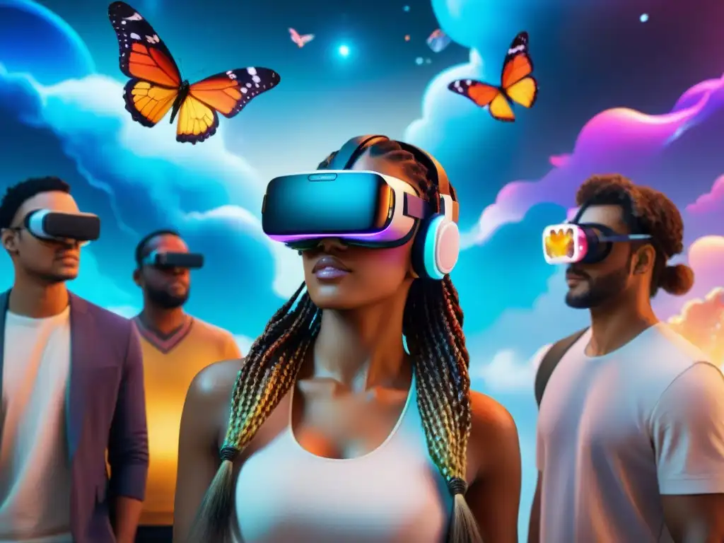 Explorando un mundo virtual futurista lleno de colores y formas, personas usando auriculares de realidad virtual