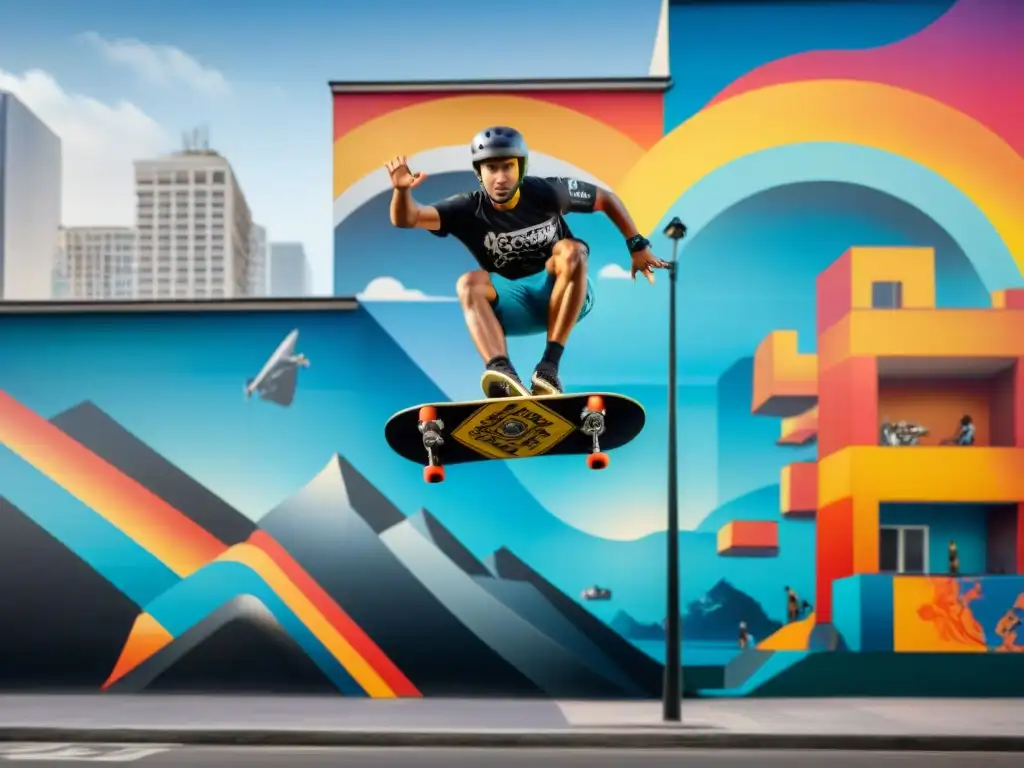 Un mural de arte urbano con deportes extremos en la ciudad, transmitiendo energía y pasión