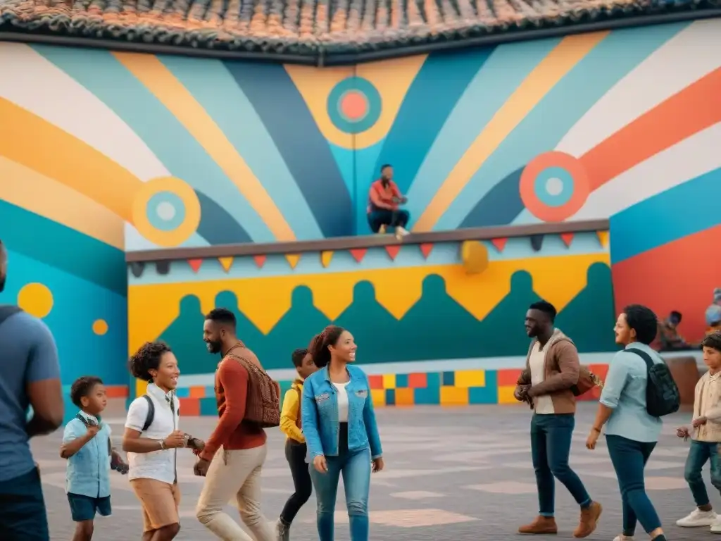 Mural colorido en plaza urbana: niños de distintas culturas juegan juntos, fomentando habilidades sociales