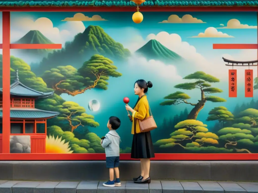 Mural detallado con juegos educativos en culturas asiáticas en un templo japonés