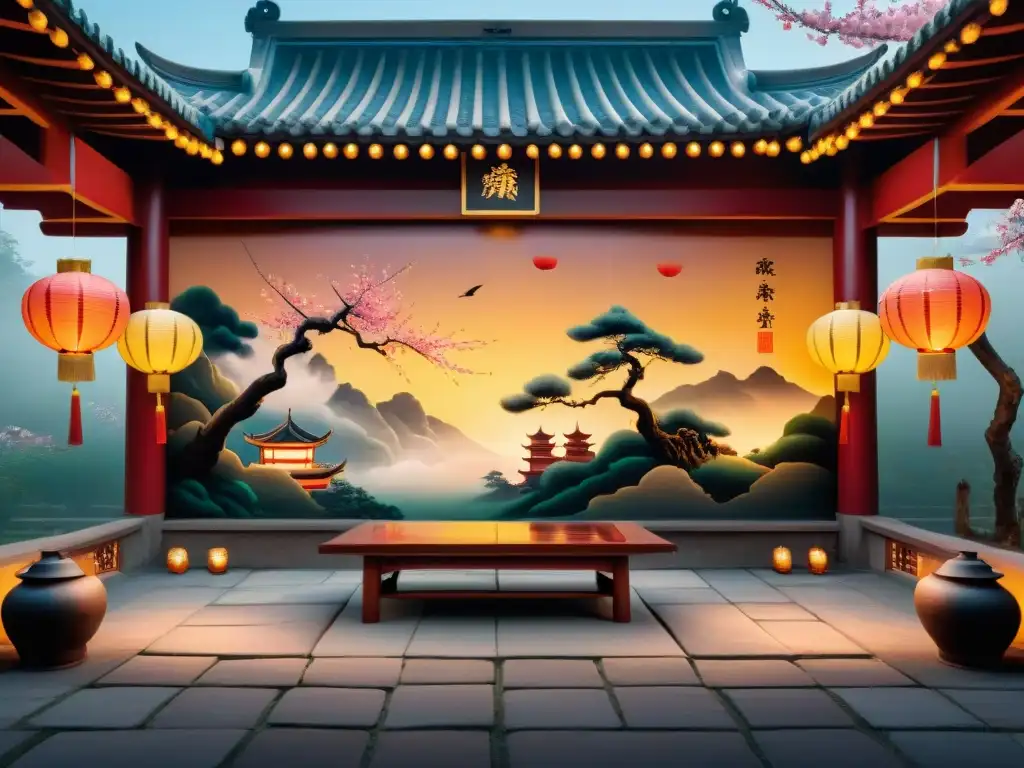 Un mural detallado y vibrante de antiguos sabios chinos jugando Pai Gow bajo faroles en un patio tradicional