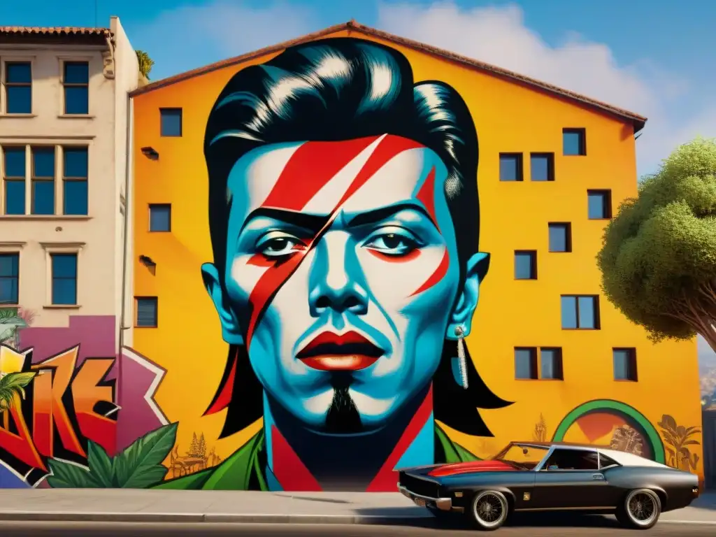 Un mural de graffiti en GTA V con iconos musicales como David Bowie, Tupac y Jimi Hendrix, integrados en Los Santos