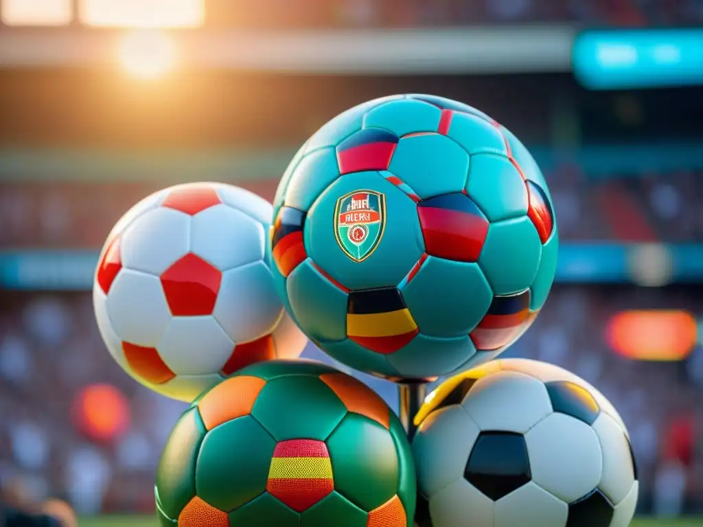 Un mural urbano de mosaico de balones de fútbol con banderas de distintos países, reflejando la historia del fútbol y la globalización cultural