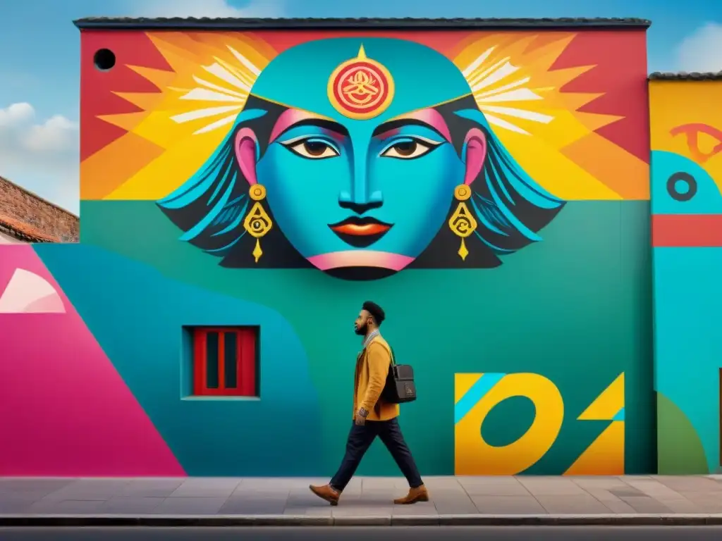 Mural urbano con símbolos ancestrales en juegos entrelazados con iconos modernos, colores vibrantes y detalles llamativos