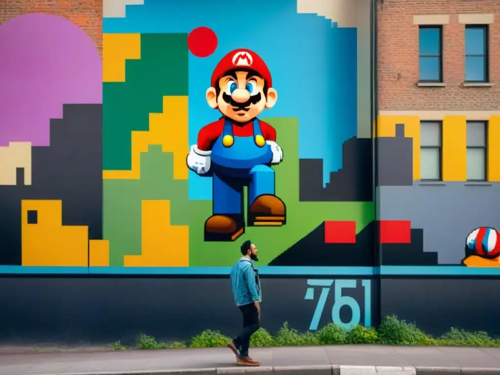 Mural urbano vibrante con personajes de juegos indie y símbolos de cultura pop, mostrando la relación entre juegos indie y cultura