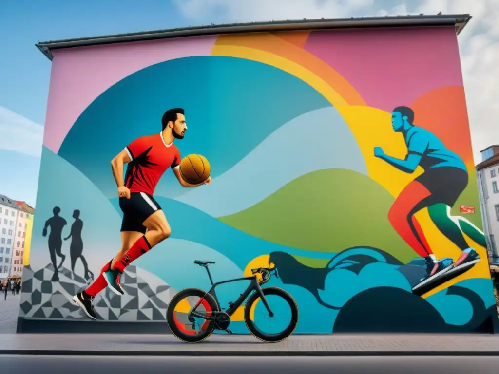 Un mural vibrante en Berlín fusionando arte y deporte en Europa, con atletas en acción y colores llamativos