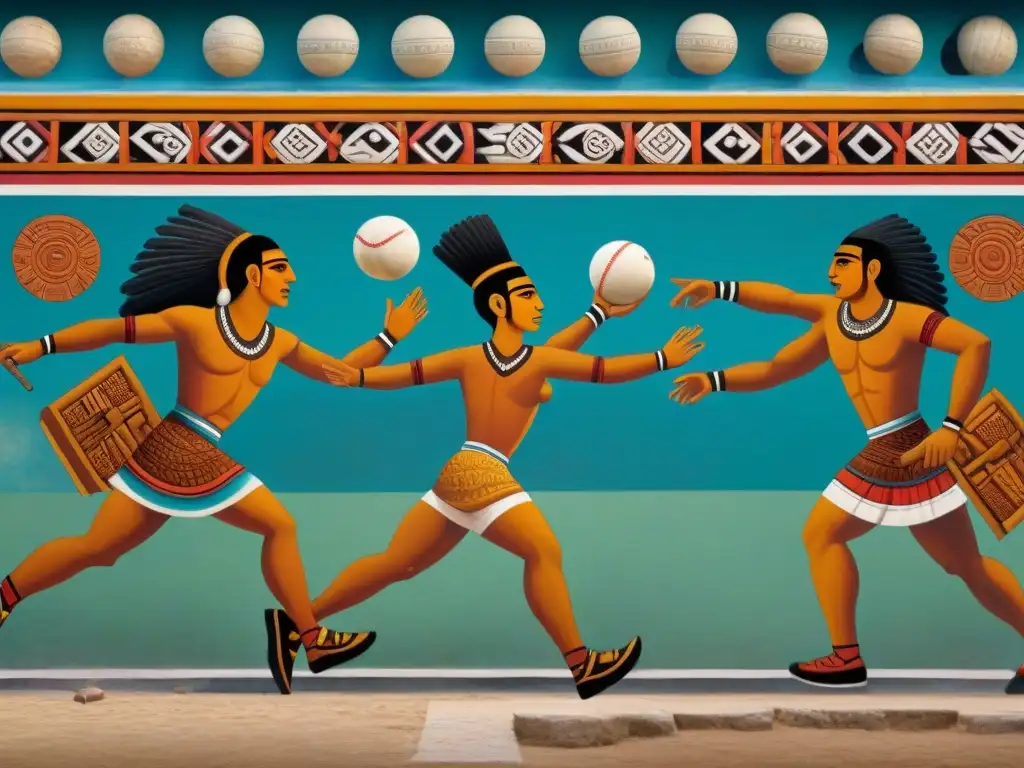 Mural vibrante de la historia del juego de pelota mesoamericana ritual con jugadores en acción y motivos simbólicos