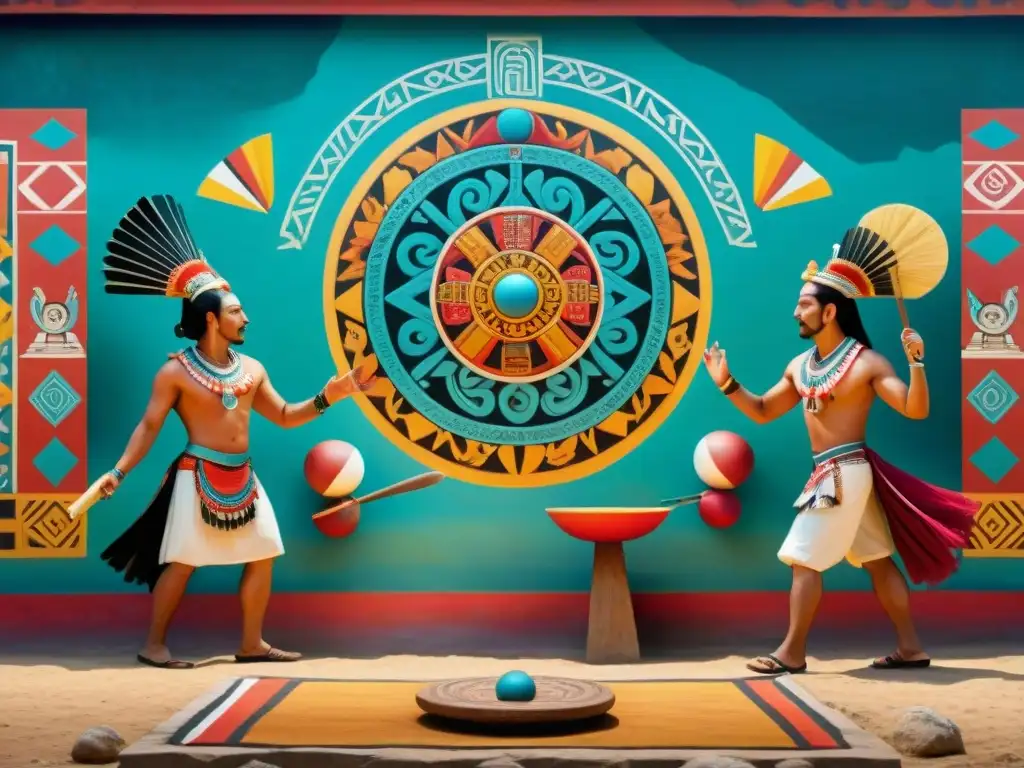 Mural vibrante del juego de pelota mesoamericano con jugadores en trajes tradicionales rodeados de símbolos espirituales