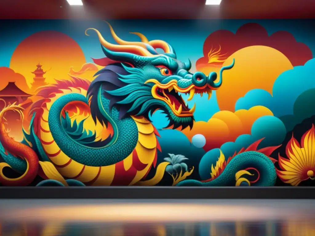 Un mural vibrante fusiona motivos chinos con deportes asiáticos, reflejando la influencia china en juegos asiáticos