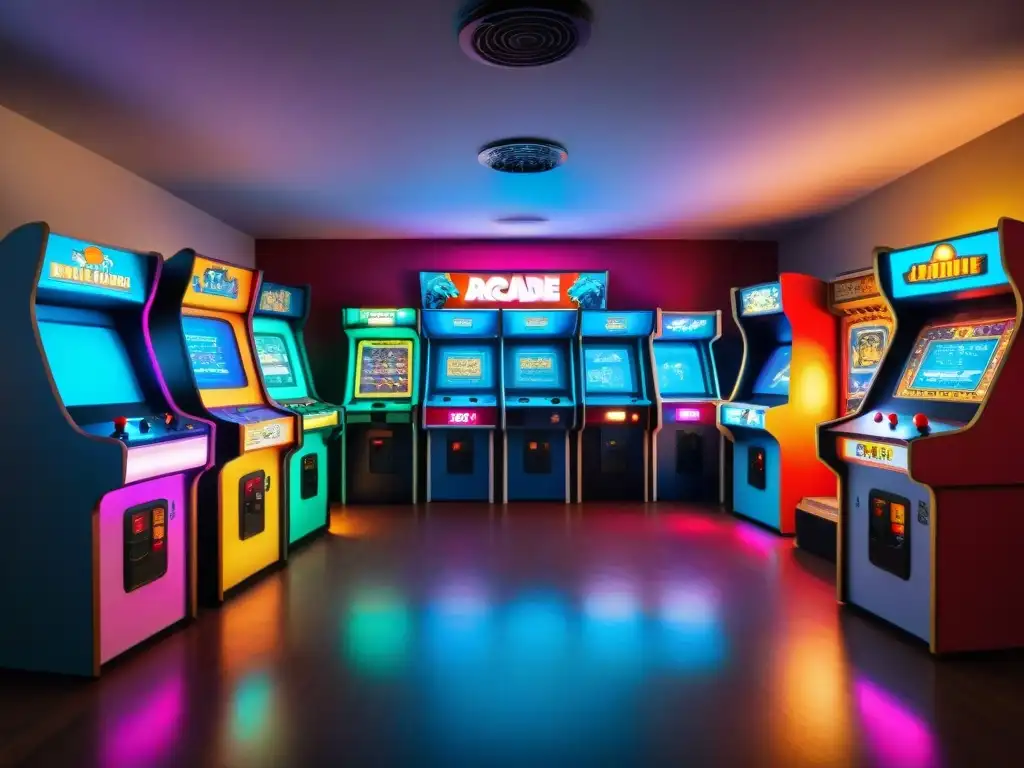 Un museo de juegos históricos internacionales con arcades clásicos de los 80 iluminados, rodeados de jugadores nostálgicos