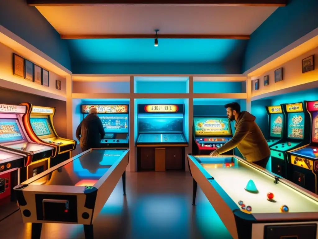 En un museo de juegos y pasatiempos, visitantes disfrutan de antiguas máquinas arcade y mesas de pinball, iluminados por las luces de las pantallas