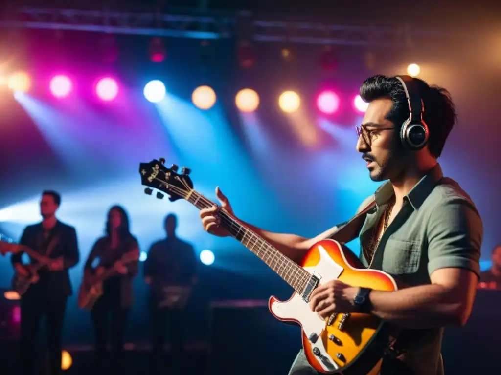 Un músico apasionado tocando la guitarra en un concierto de bandas sonoras en videojuegos, transmitiendo emoción y energía en cada acorde