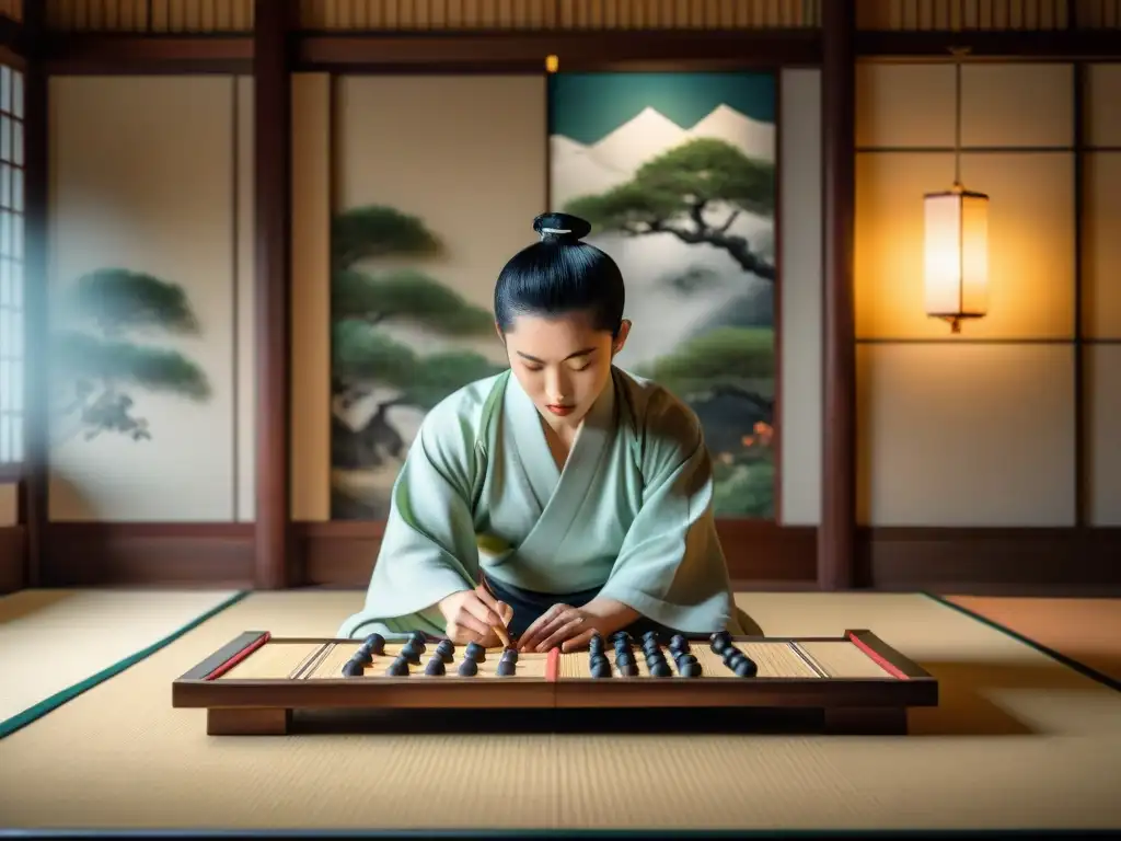 Un músico contemplativo y jugadores concentrados en una partida de go en una tradicional sala japonesa, enriquecida con detalles culturales