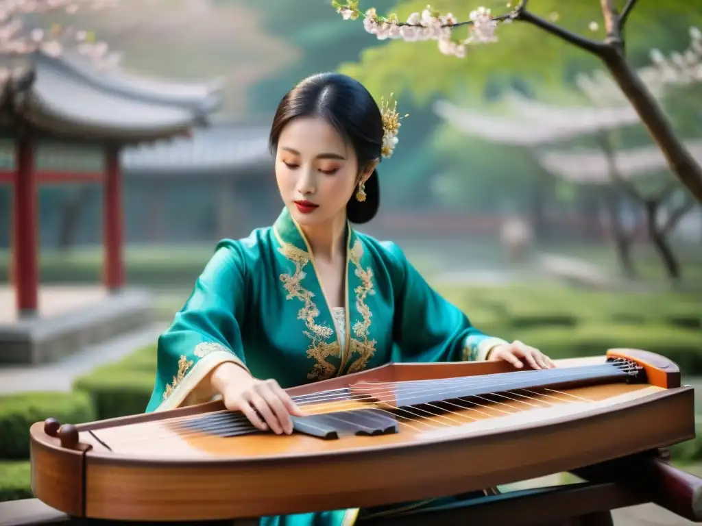 Un músico viste atuendo tradicional mientras toca un guzheng en un patio sereno con árboles de cerezo en flor