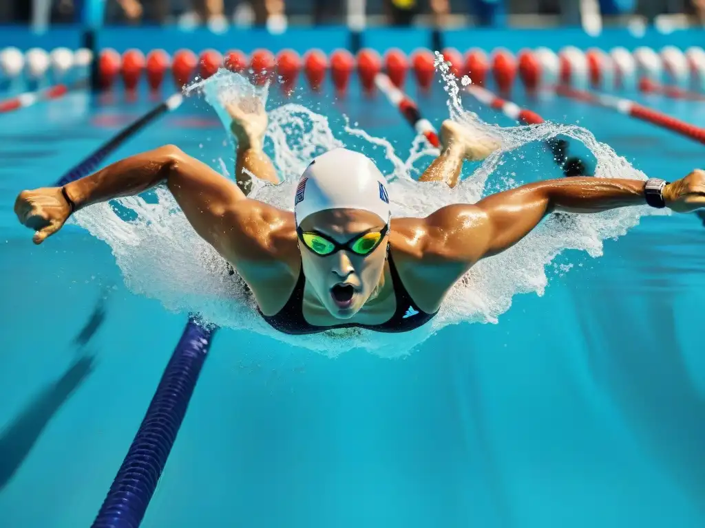 Nadadores latinos compitiendo con determinación en una piscina olímpica, reflejando la historia de la natación en América Latina