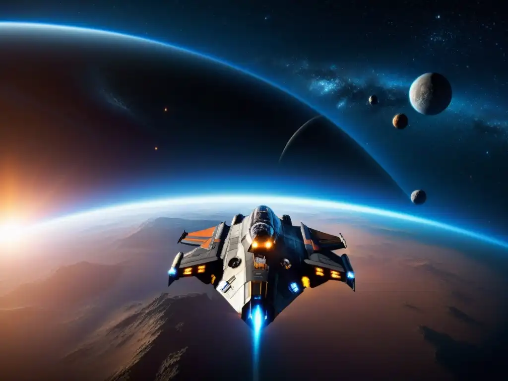 Una nave solitaria explora un sistema planetario en Elite Dangerous, atrapando la esencia de la exploración