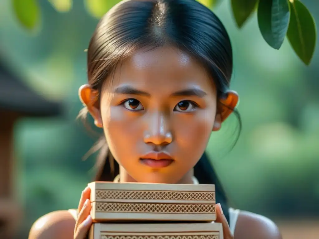 Niña laosiana concentrada equilibra bloques tallados en juego tradicional Laos gravedad, rodeada de verdor y arquitectura típica