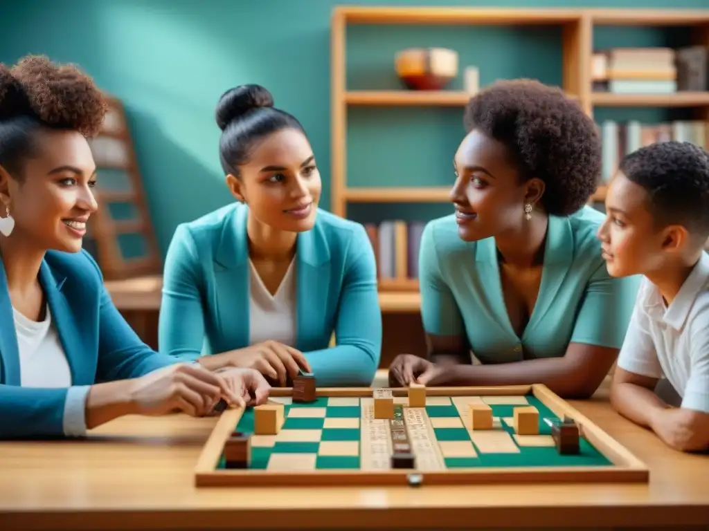 Niñas y niños diversos juegan un juego de mesa colaborativo en un aula acogedora