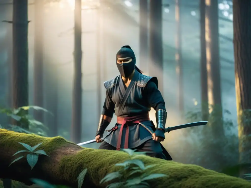 Un ninja hábil se desliza sigilosamente por un bosque iluminado por la luna, con su katana brillante