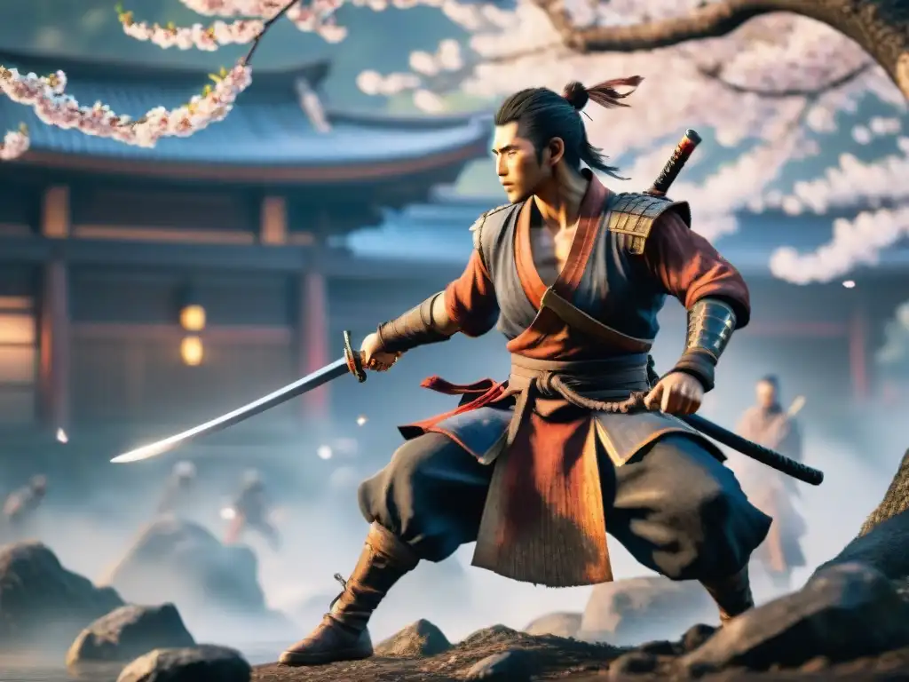 Un ninja habilidoso en combate estratégico bajo la luna, con pétalos de cerezo danzando: Mejores estrategias Sekiro Shadows