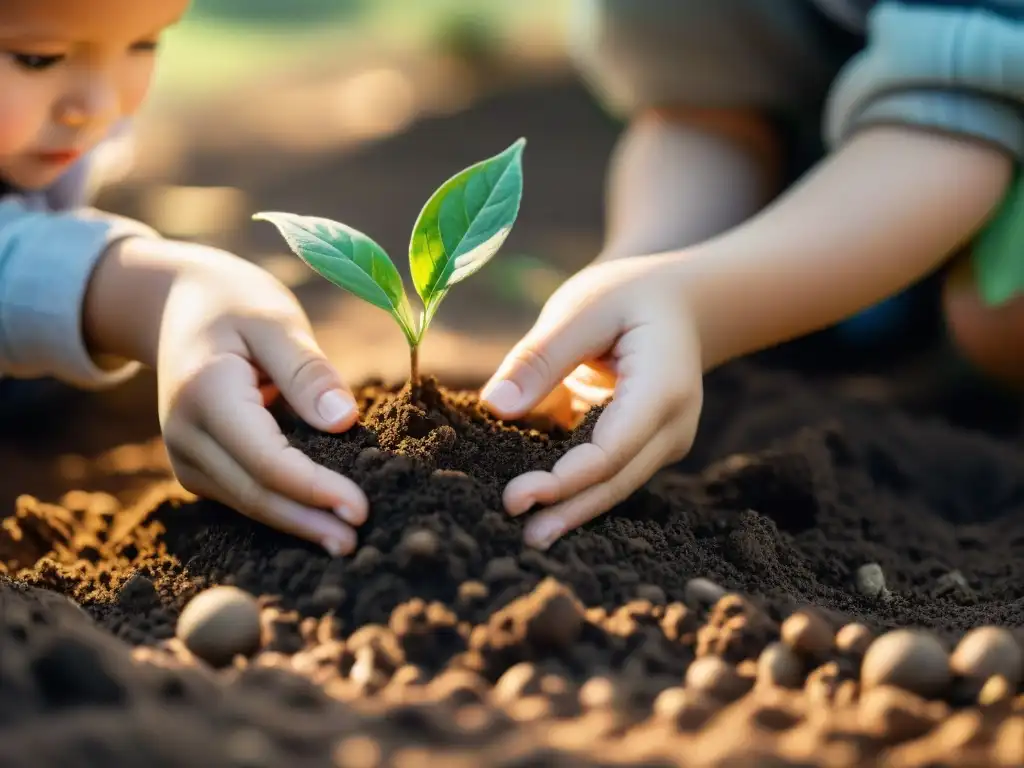 Un niño plantando un árbol en tierra fértil, con luz filtrándose entre las hojas