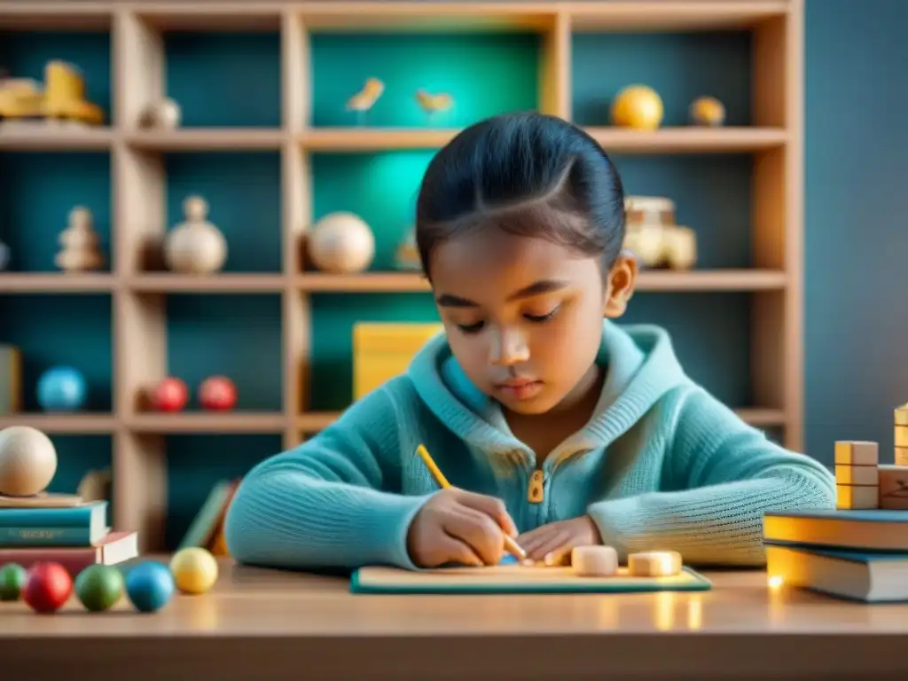 Un niño concentrado jugando con juegos educativos en casa, resaltando la importancia del juego educativo padres