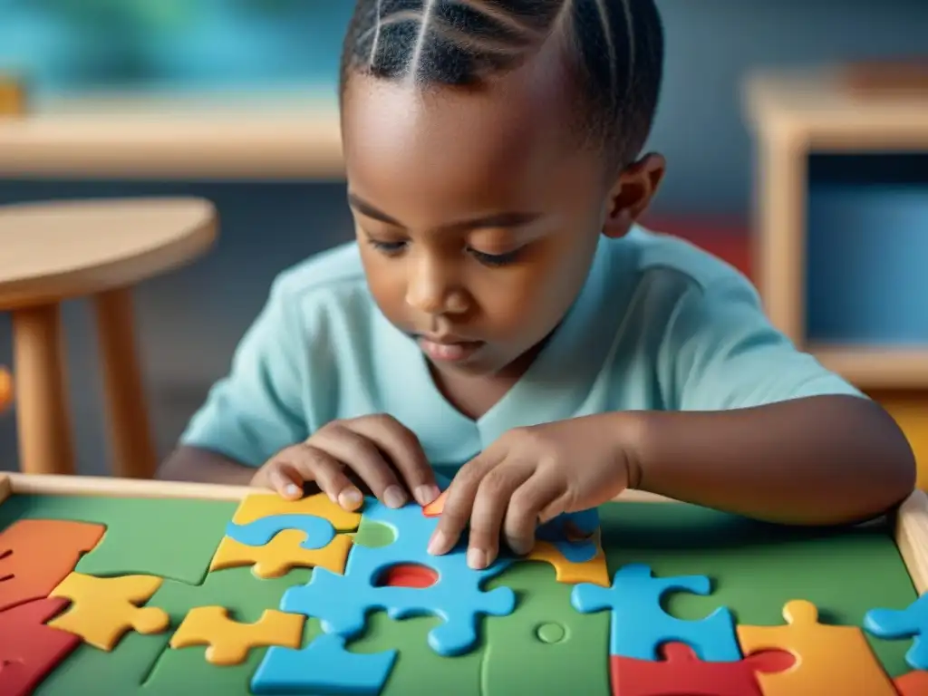 Niño concentrado ensamblando puzzle, mostrando la importancia de juegos de precisión y desarrollo mental