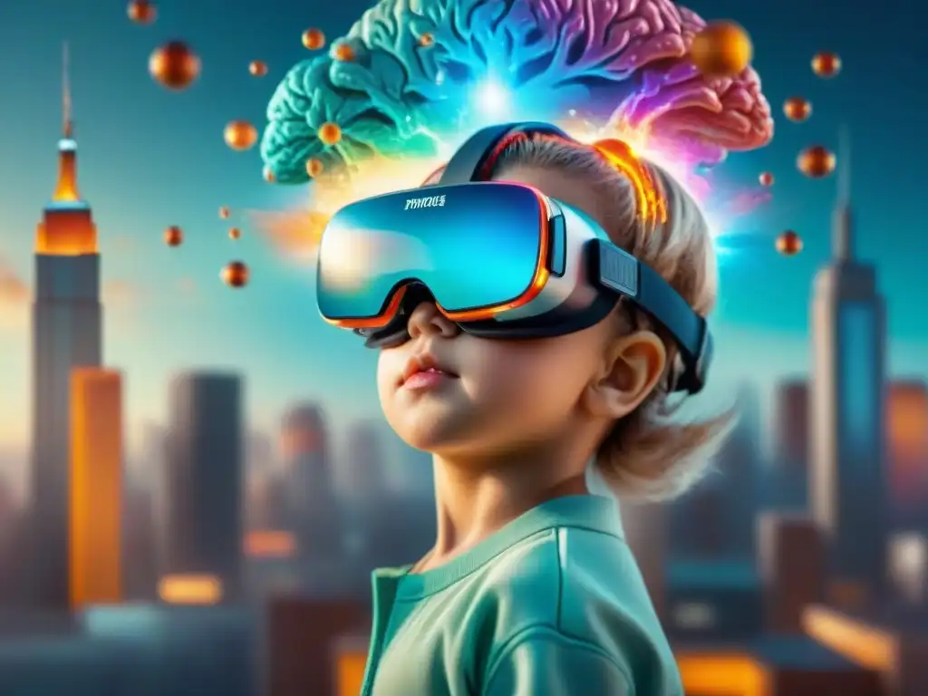 Realidad aumentada: niño explorando cerebro digital en ciudad futurista Un niño en un entorno de Realidad Aumentada, explorando un cerebro digital