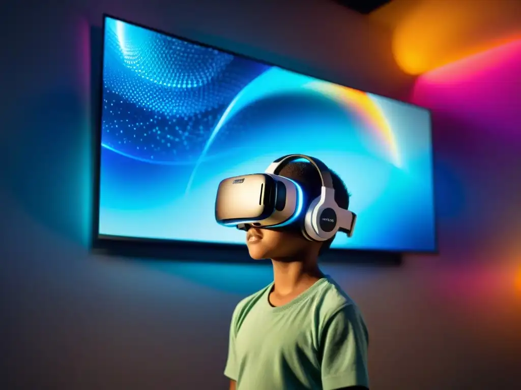 Niño inmerso en juego educativo de realidad virtual, interactuando con gráficos futuristas y ecuaciones matemáticas, en ambiente tenue