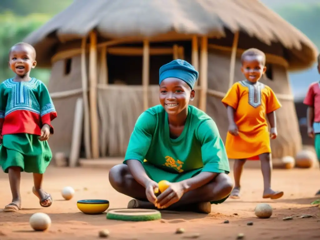 Niños africanos juegan alegres juegos tradicionales en una vibrante aldea, mostrando la influencia cultural en la popularidad de los juegos africanos