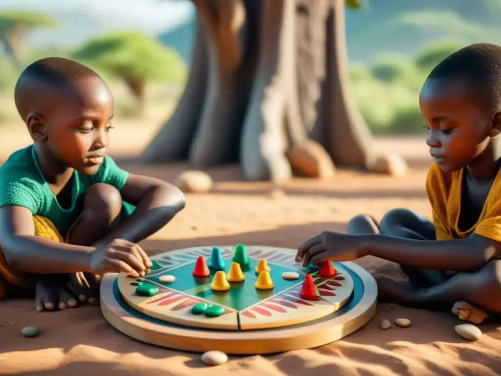 Niños disfrutan de juegos africanos antiguos bajo un baobab, fomentando habilidades matemáticas