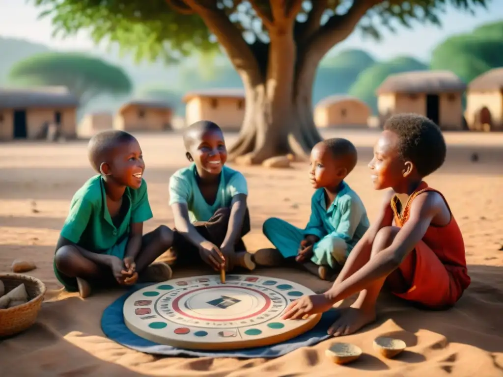 Niños africanos juegan bajo un árbol a juego tradicional, mostrando adaptación juegos europeos en África