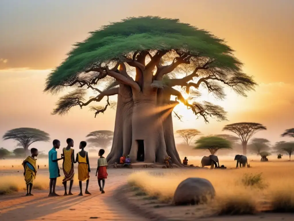 Niños africanos juegan bajo baobab al atardecer, inmersos en juegos tradicionales