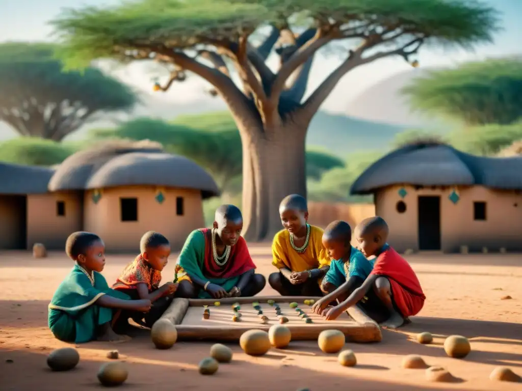 Niños africanos juegan al Mancala bajo un baobab