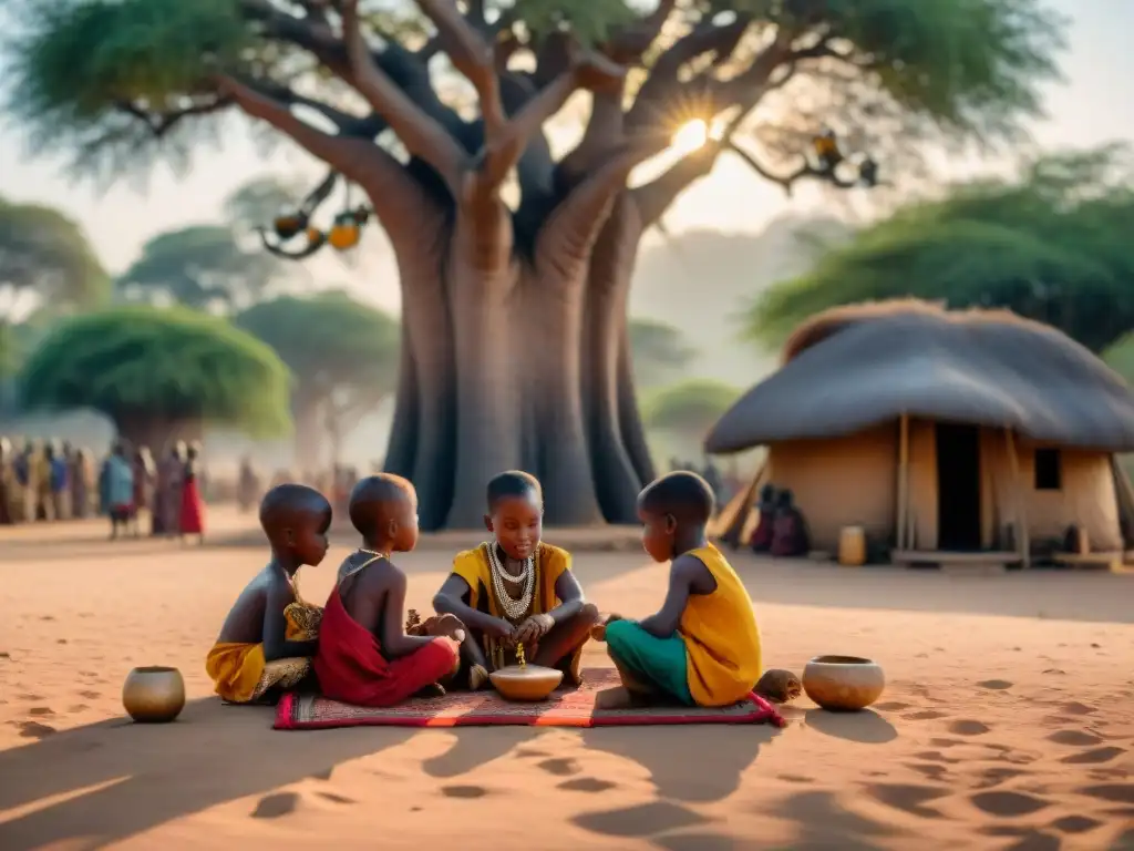 Niños africanos juegan bajo un baobab al atardecer, con ropa tradicional y juguetes de madera, reflejando la adaptación de juegos europeos en África