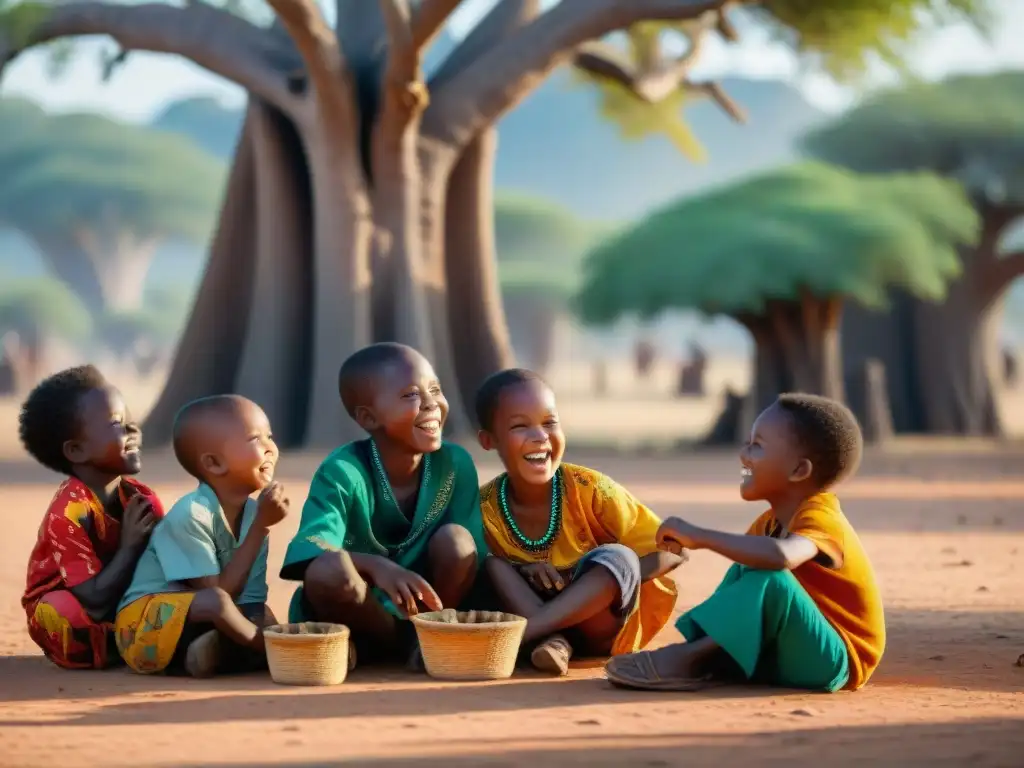 Niños africanos juegan bajo un baobab en una escena colorida y llena de alegría que refleja la riqueza cultural de los Juegos en la mitología africana