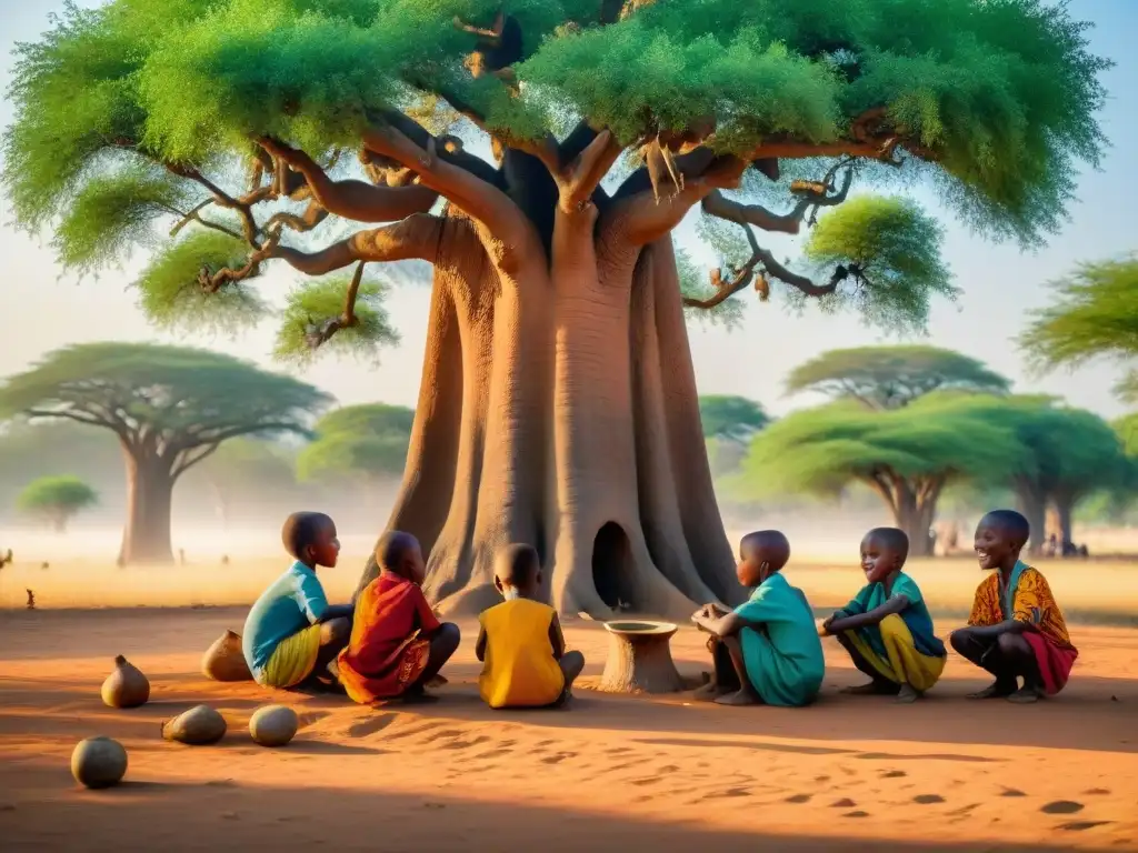 Niños africanos juegan bajo un baobab en escena espiritual de juegos tradicionales africanos