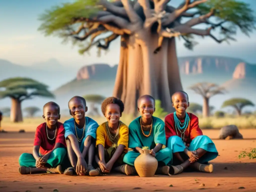 Niños africanos juegan bajo un baobab en la sabana, vistiendo atuendos tradicionales y joyas, reflejando alegría