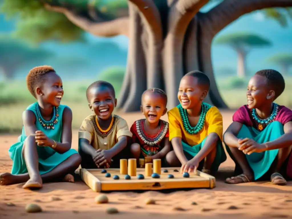 Niños africanos riendo y jugando bajo un baobab, manteniendo viva la historia de los juegos tradicionales en África