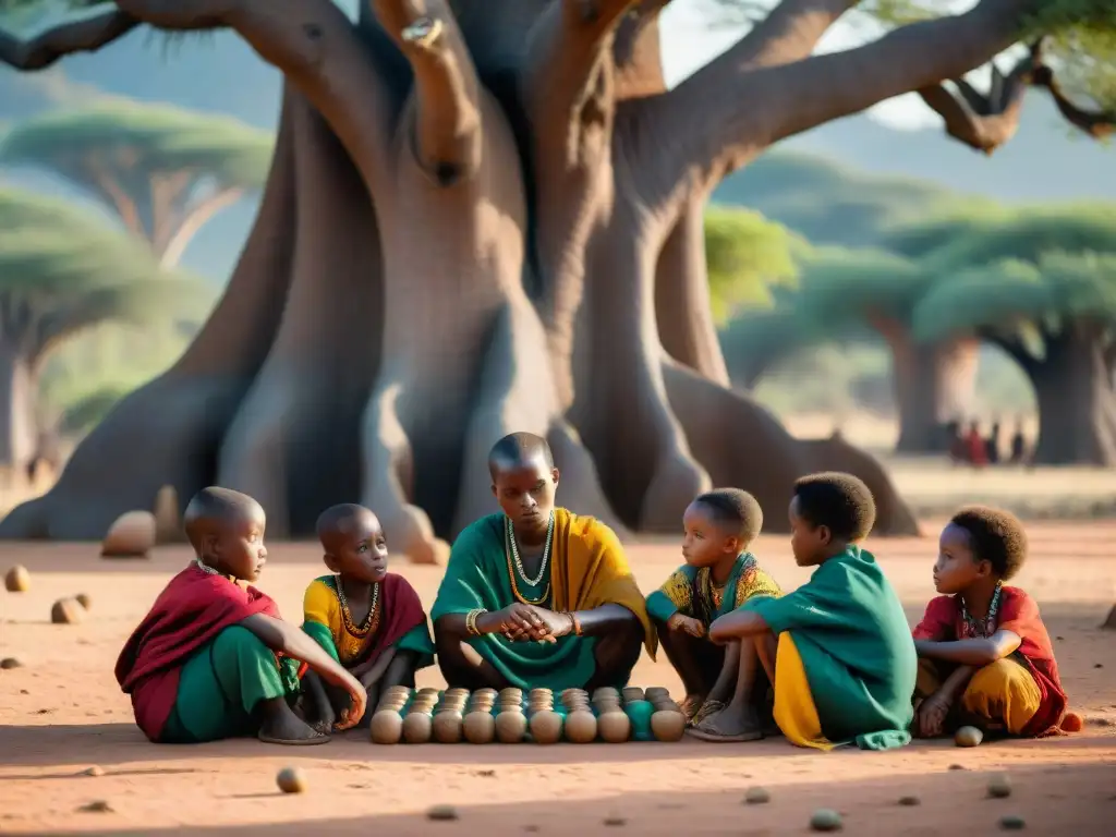 Niños africanos concentrados juegan Mancala bajo un baobab: juegos africanos antiguos habilidades matemáticas