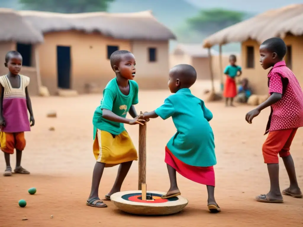 Niños africanos juegan con destreza y entusiasmo a un juego tradicional de lanzamiento en una plaza polvorienta