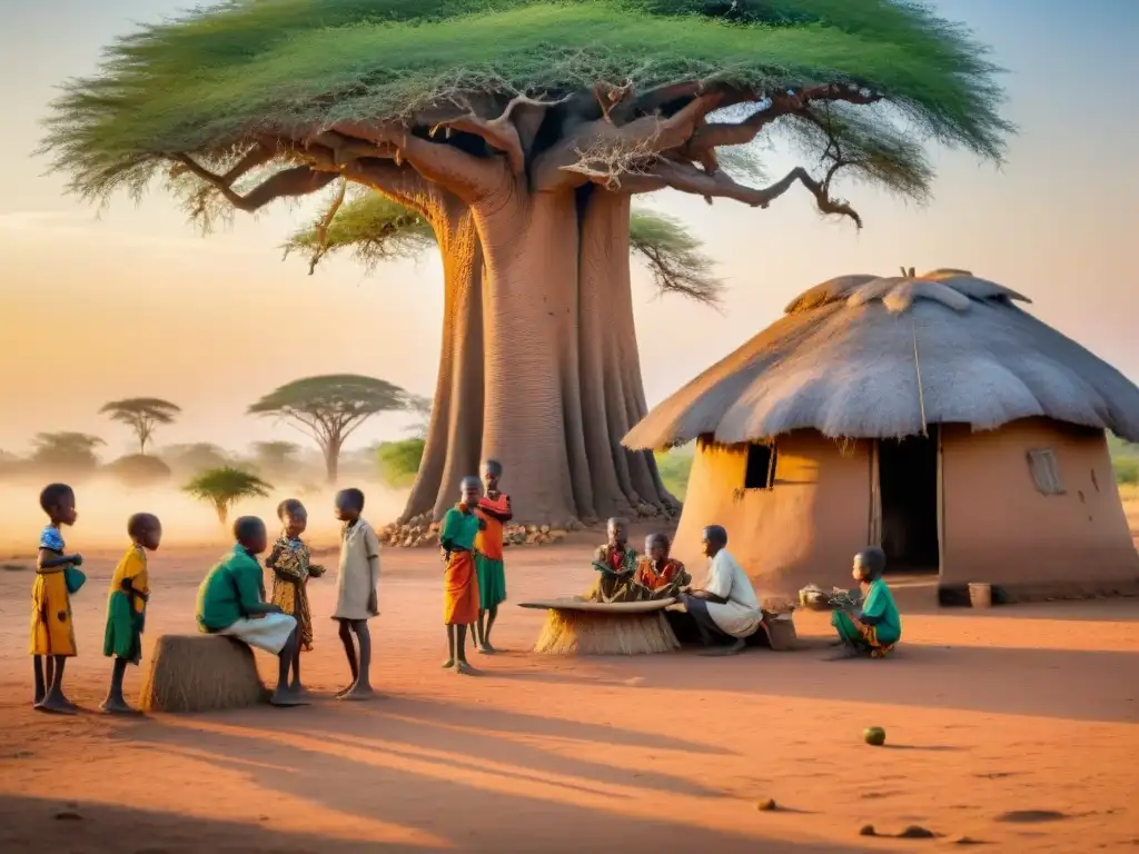 Niños africanos juegan bajo baobab, en escena tradicional llena de color y alegría