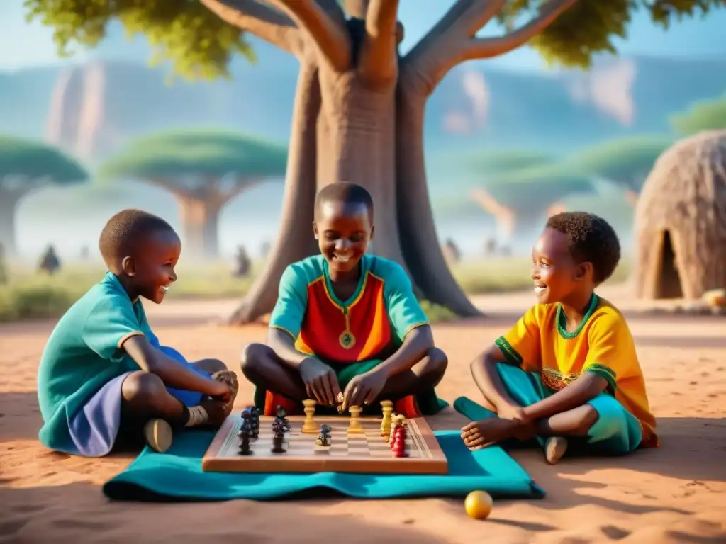 Niños africanos disfrutan de juegos europeos bajo un baobab, mostrando la adaptación de juegos europeos en África