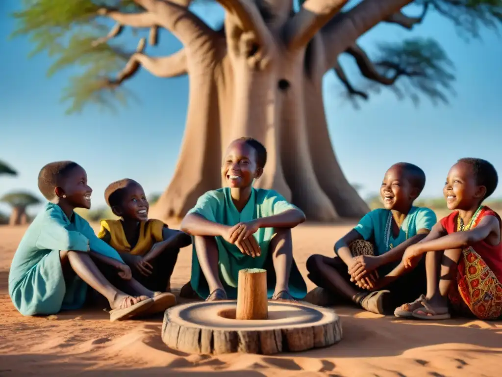 Niños africanos disfrutan de un juego tradicional bajo un baobab, revitalizando juegos tradicionales africanos