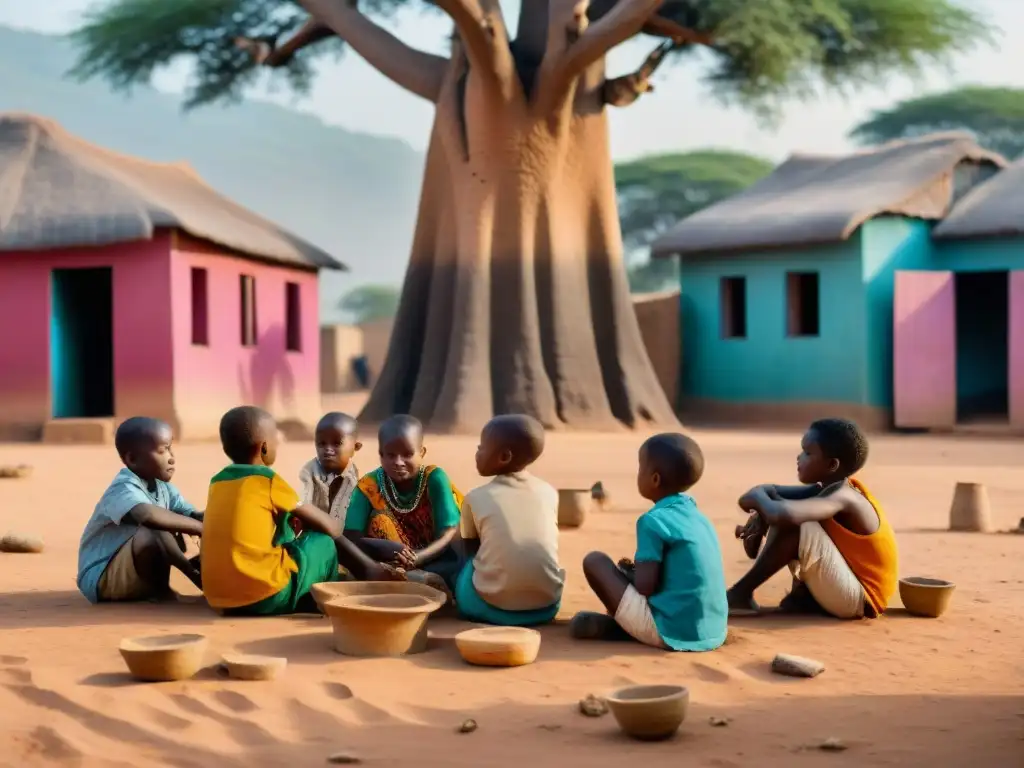 Niños africanos preservando juegos ancestrales bajo baobab en comunidad urbana