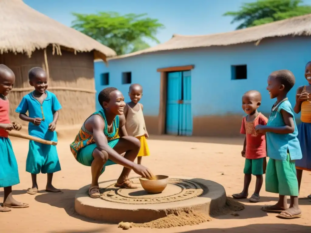 Niños africanos disfrutando juegos tradicionales en la aldea, rodeados de espectadores de todas las edades