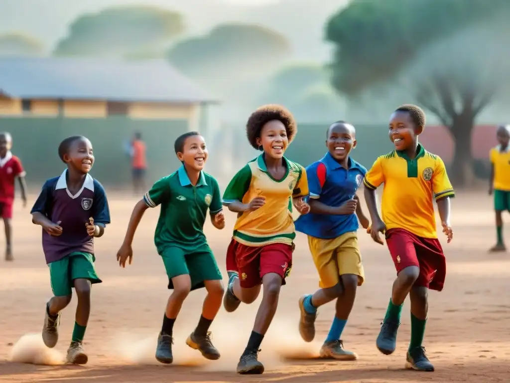 Niños africanos disfrutan de juegos tradicionales en la escuela bajo el sol africano, resaltando la alegría y energía de la actividad